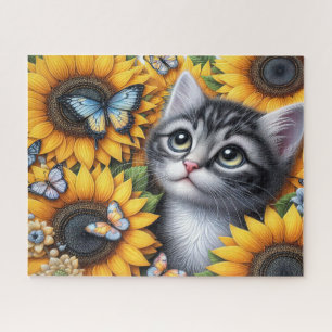 Cute Kitten With Sunflowers Jigsaw Puzzle
