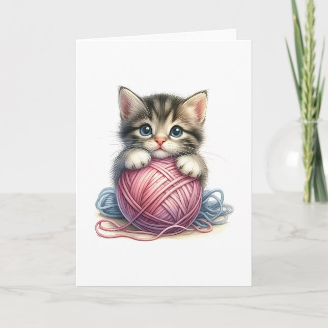 Cute Kitten with Yarn Blank Card for Any Occasion (Front)