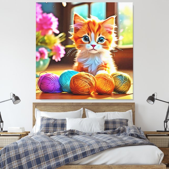 Cute Kitten Yarn Canvas Print (Insitu(Bedroom))