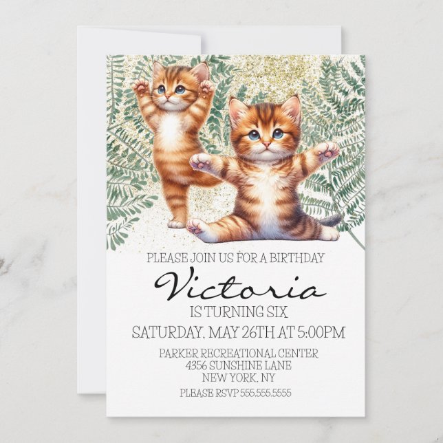 Cute Kitten Yoga Greenery Birthday Party Invitation (Front)