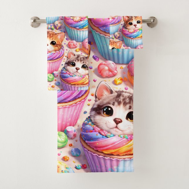 Cute kittens and cupcakes, bath towel towel rainbo (Insitu)