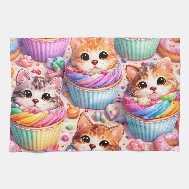 Cute kittens and cupcakes, kitchen towel, rainbow  tea towel (Horizontal)