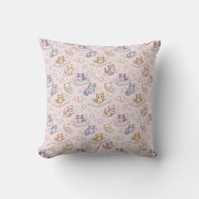 Cute Kittens and Pastel Bubbles Pattern Cushion (Front)