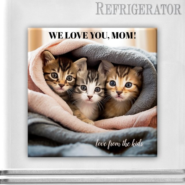 Cute Kittens Best Cat Mum Mother's Day Magnet (A cute magnet featuring three kittens wrapped in a cozy warm blanket - nice for Mother's Day)