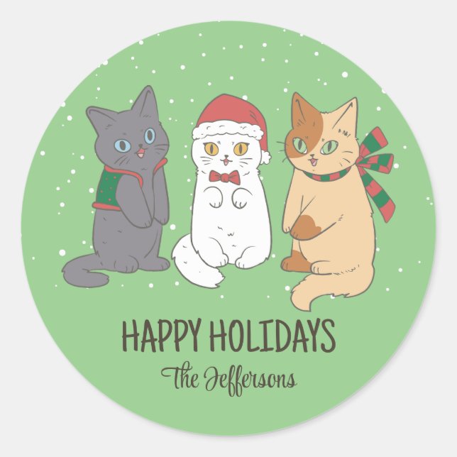 Cute Kittens Christmas Cat Snowy Winter Holiday Classic Round Sticker (Front)
