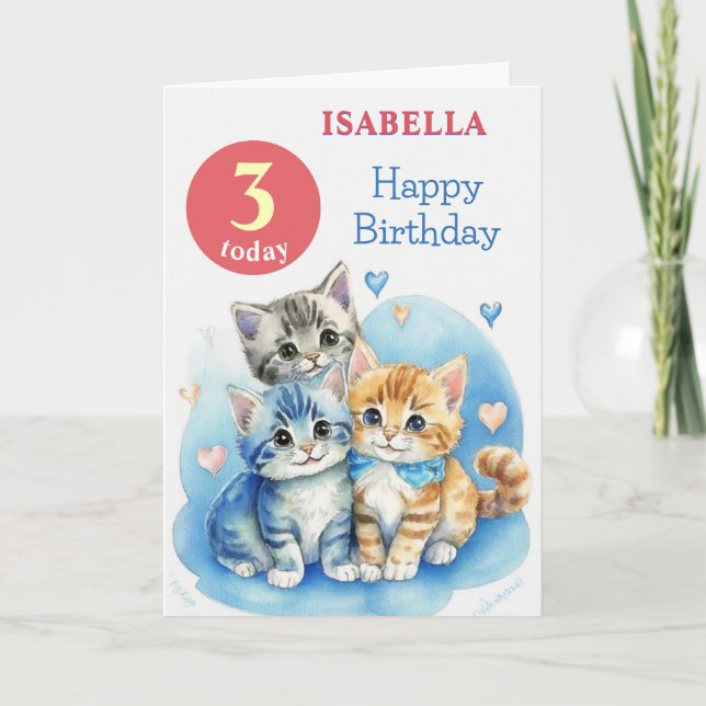 Cute Kittens Custom Name Age Kids Happy Birthday Card (Front)