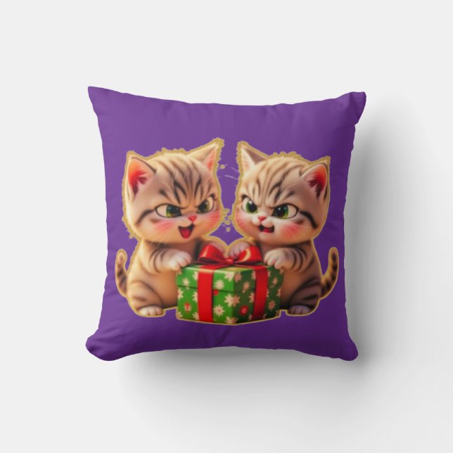 **Cute Kittens Fighting Over a Gift – Funny Christ Cushion (Front)