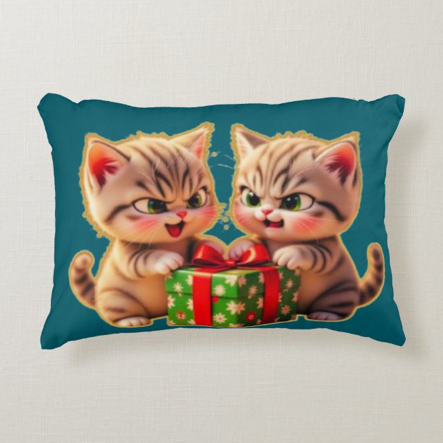 **Cute Kittens Fighting Over a Gift – Funny Christ Decorative Cushion (Front)