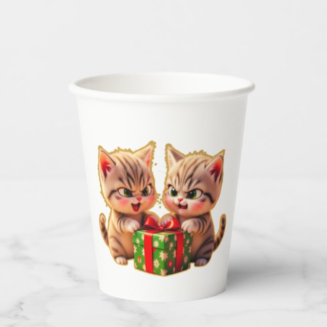 **Cute Kittens Fighting Over a Gift – Funny Christ Paper Cups (Front)