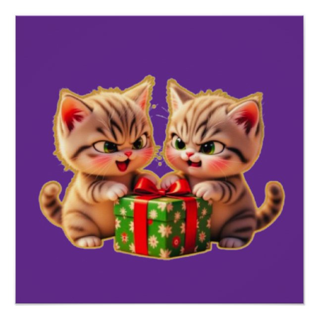 **Cute Kittens Fighting Over a Gift – Funny Christ Poster (Front)