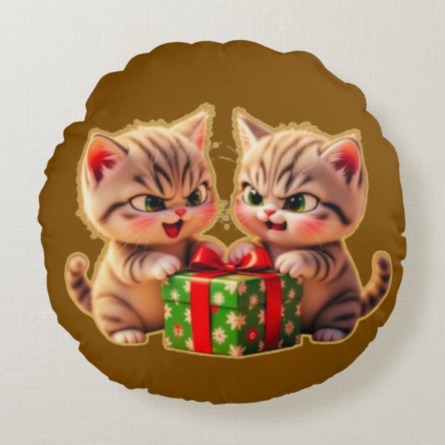**Cute Kittens Fighting Over a Gift – Funny Christ Round Cushion (Front)