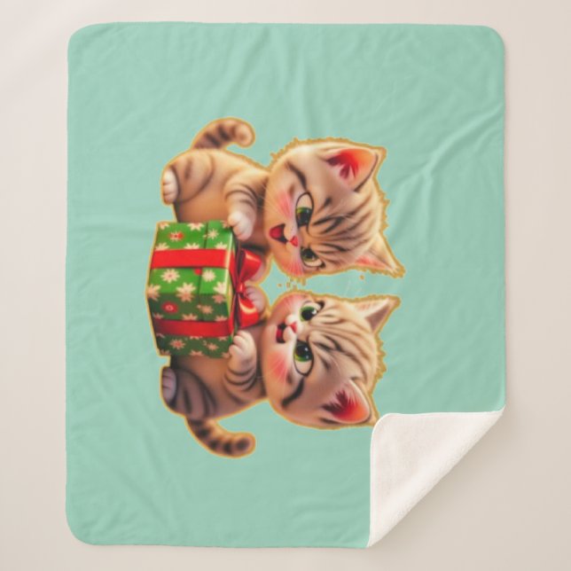 **Cute Kittens Fighting Over a Gift – Funny Christ Sherpa Blanket (Front)
