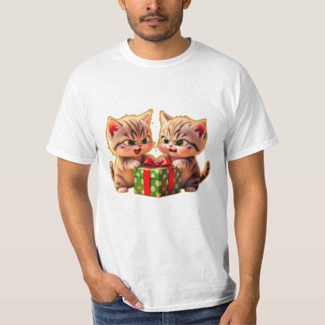 **Cute Kittens Fighting Over a Gift – Funny Christ T-Shirt (Front)