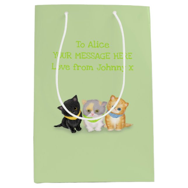 Cute kittens green personalised gift bag (Front)