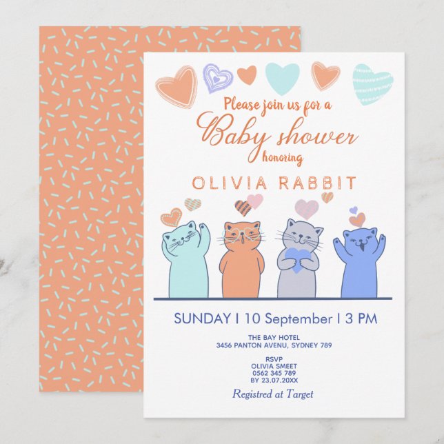 Cute Kittens Hearts Pink Blue Baby Shower Invitation (Front/Back)