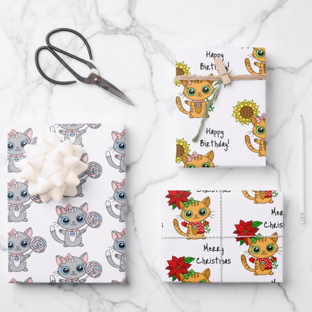 Cute Kittens holding Flower Birthday and Christmas Wrapping Paper Sheet (Front)