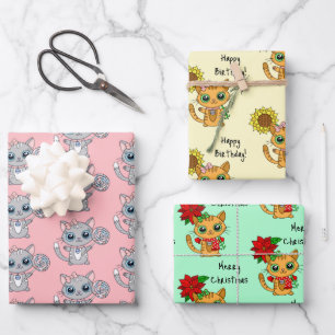 Cute Kittens holding Flower Birthday and Christmas Wrapping Paper Sheet