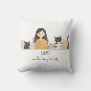 Cute Kittens Illustration Crazy Cat Lady with Name Cushion