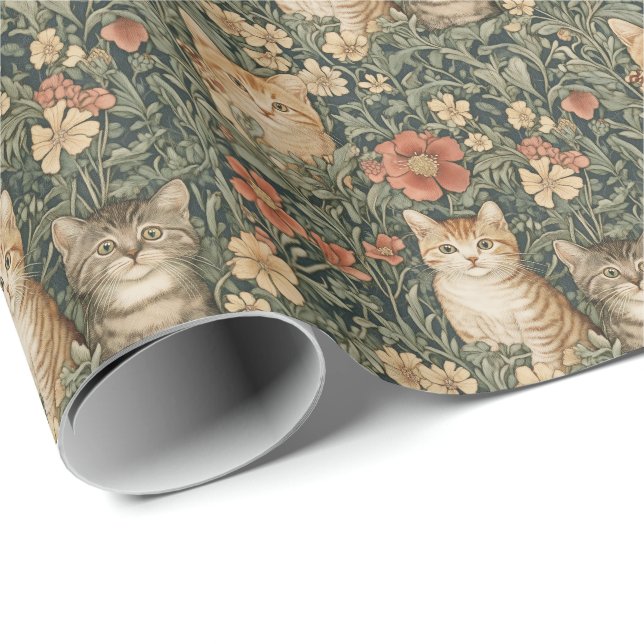 Cute Kittens in a William Morris style garden Wrapping Paper (Roll Corner)