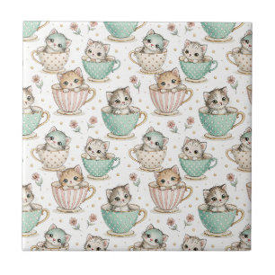 Cute Kittens in Teacups - Kids Cat Design Pattern Tile