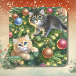 Cute Kittens in the Christmas Tree  Square Sticker