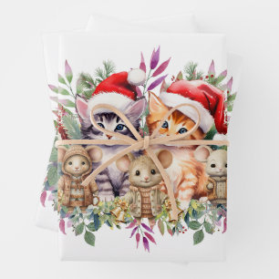 Cute Kittens, Mice & Puppies Floral Christmas  Wrapping Paper Sheet
