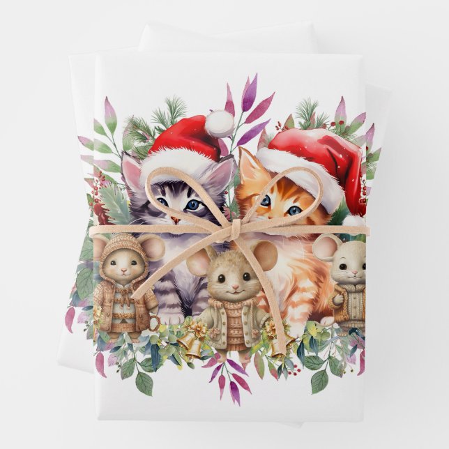 Cute Kittens, Mice & Puppies Floral Christmas  Wrapping Paper Sheet (In situ)
