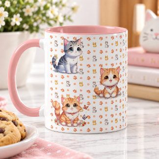 Cute Kittens & Paw Prints Pink Coffee Mug