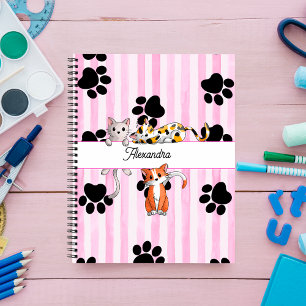 Cute Kittens & paws, pink stripes Spiral Notebook