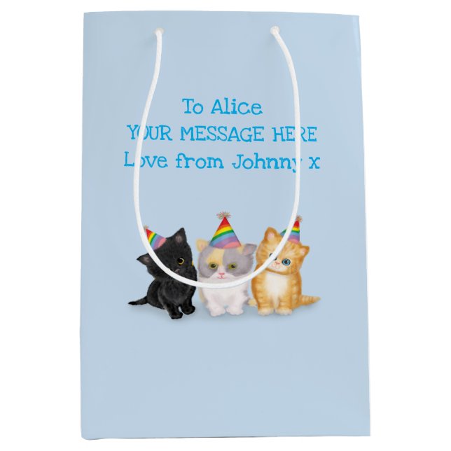 Cute kittens personalised blue birthday gift bag (Front)