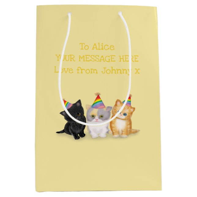 Cute kittens personalised gold birthday gift bag (Front)