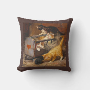 Cute Kittens Playing in a Cart, Vintage Art Pillow