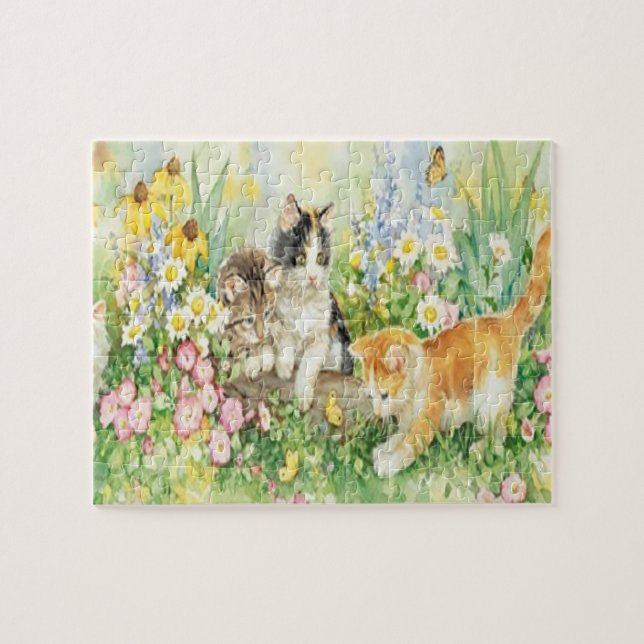 Cute Kittens Playing In A Flower Garden Jigsaw Puzzle (Horizontal)