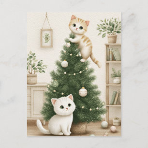 Cute Kittens Playing with Christmas Tree  Holiday Postcard