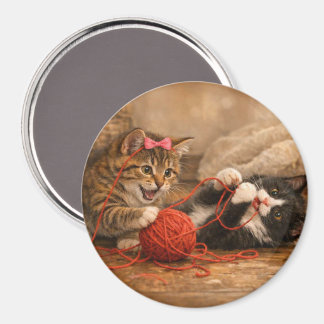 Cute Kittens Playing with Yarn Round Magnet