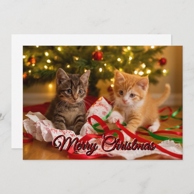 Cute Kittens Under Christmas Tree Holiday Card (Front/Back)