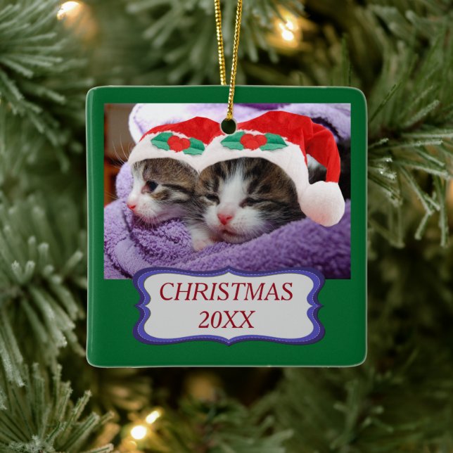 Cute Kittens Wearing Red Santa Hats Christmas 20XX Ceramic Ornament (Tree)