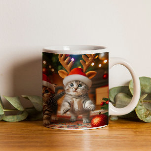 Cute kittens with Santa Claus and reindeer hats 3 Coffee Mug