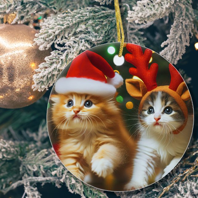 Cute kittens with Santa Claus and reindeer hats Ceramic Tree Decoration (Creator Uploaded)