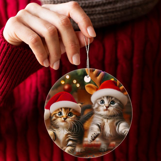 Cute kittens with Santa Claus and reindeer hats Ceramic Tree Decoration (Creator Uploaded)