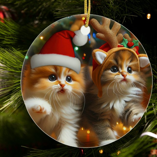 Cute kittens with Santa Claus and reindeer hats Ceramic Tree Decoration (Creator Uploaded)