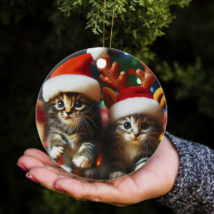 Cute kittens with Santa Claus and reindeer hats Ceramic Tree Decoration