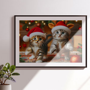 Cute kittens with Santa Claus and reindeer hats Poster