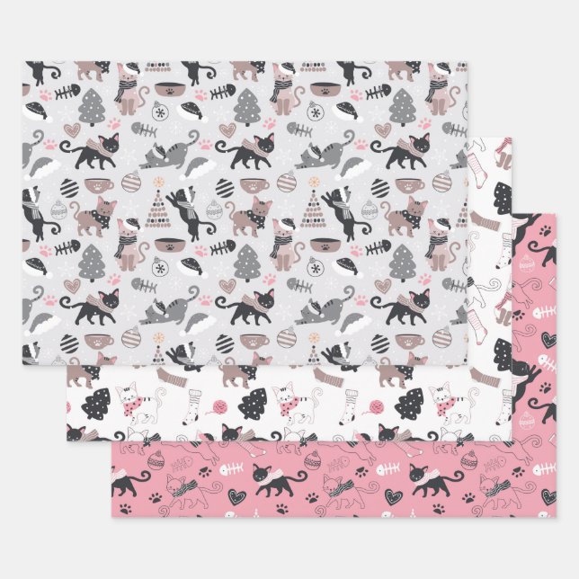Cute Kitties Kittens Colourful Playful Cat Holiday Wrapping Paper Sheet (Set)
