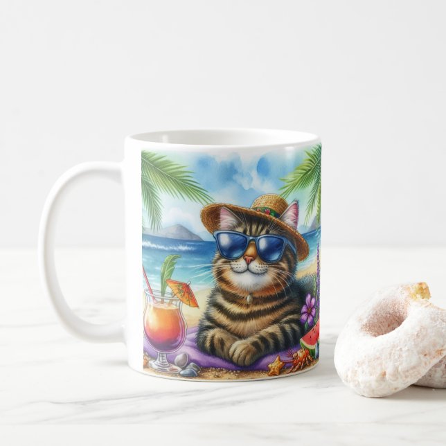 Cute Kitty and Cocktail Beach Time  Coffee Mug (With Donut)