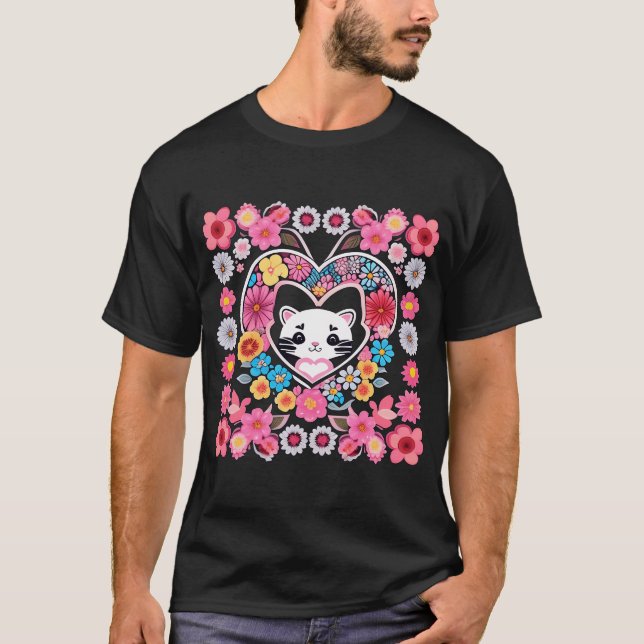 Cute Kitty And Flowers   T-Shirt (Front)