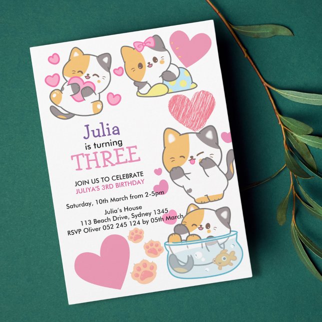 Cute kitty baby girl 3rd birthday  invitation (Creator Uploaded)