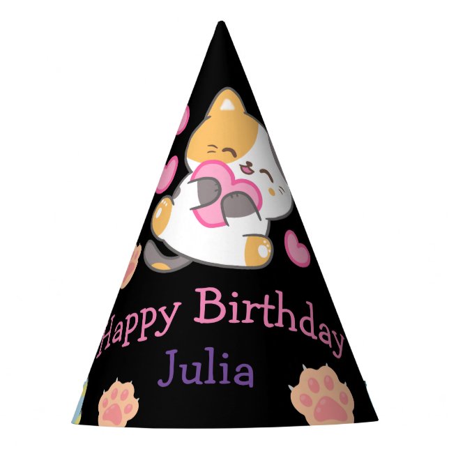Cute kitty baby girl birthday black party hat (Front)