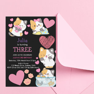 Cute kitty baby girl black 3rd birthday  invitation