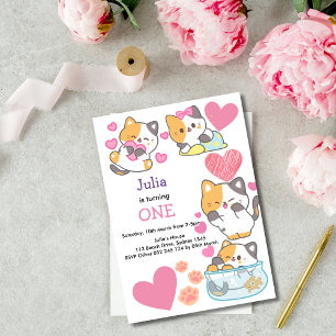 Cute kitty baby girl pink birthday  invitation